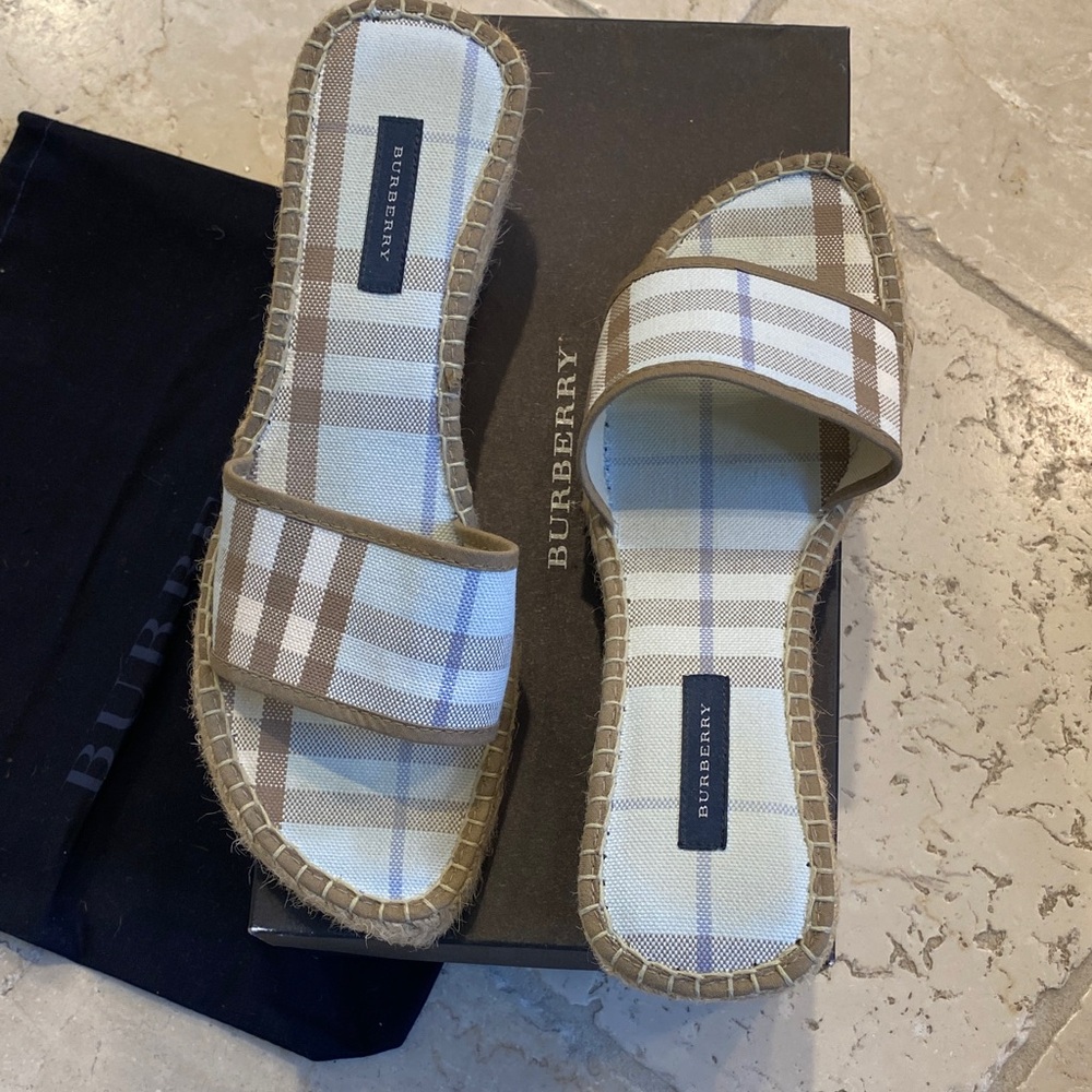 Burberry Checkered Slide Sandals in Cream, Light Blue and Khaki